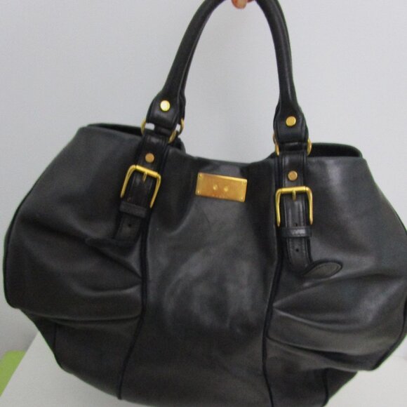 Italian Leather X Large Satchel Tote Bag Black Gold - Picture 2 of 13